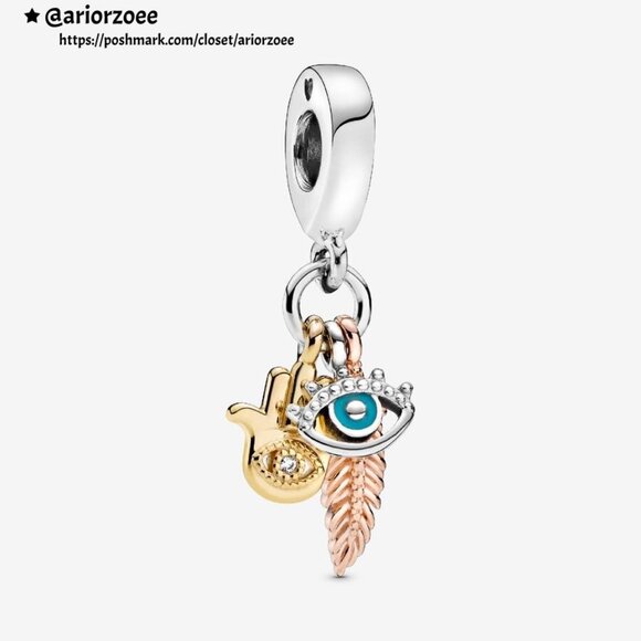 Pandora Hamsa, All-seeing Eye & Feather Spirituality Dangle Charm|Tri-tone - Picture 1 of 2